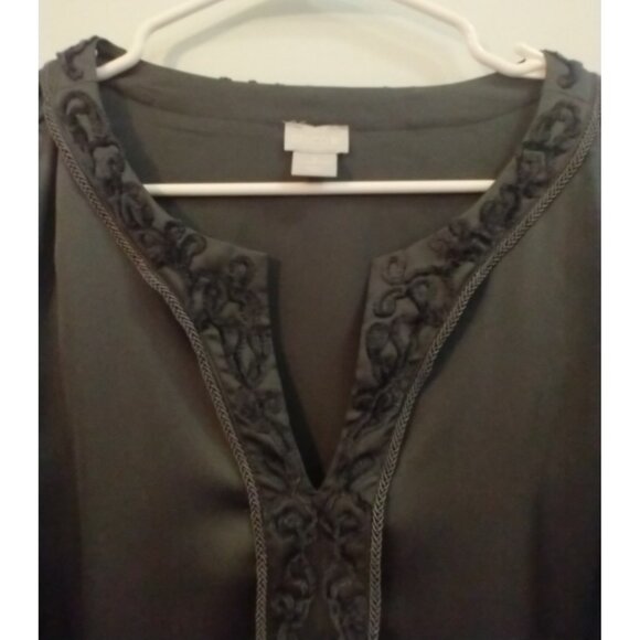 CHICO'S Tunic Gray Satin Long Sleeves Soutache Pullover Blouse - Sz 4 (20-22) - Picture 2 of 7